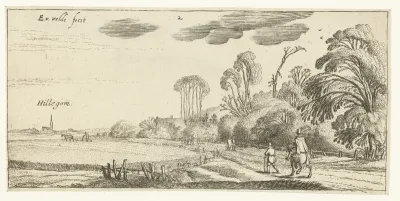 Landschap met ruiter en wandelaar op een weg bij Hillegom