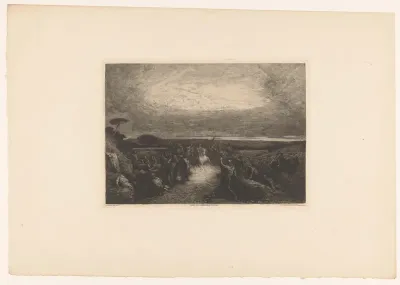 Landschap met ruiter in een menigte