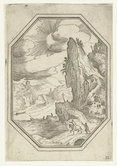 Landschap met ruiter in octagonaal kader