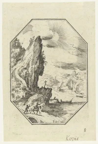 Landschap met ruiter in octagonaal kader