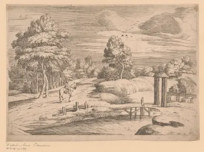 Landschap met ruiter naast een rivier