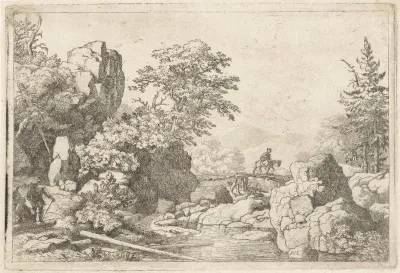 Landschap met ruiter op brug