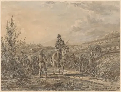 Landschap met ruiter tussen oogstende boeren