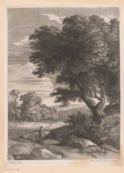 Landschap met ruiter voorafgegaan door een man met stok bij een boom