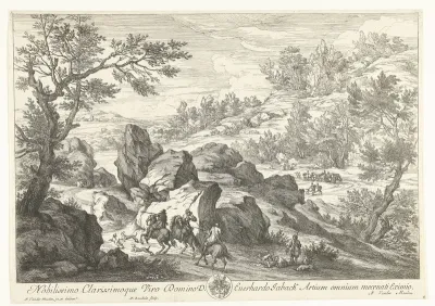 Landschap met ruiters bij rotspartij