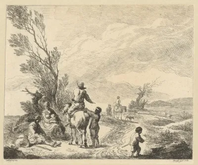 Landschap met ruiters en een rustende familie langs een pad