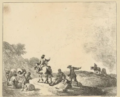 Landschap met ruiters en rustende en werkende arbeiders langs een pad