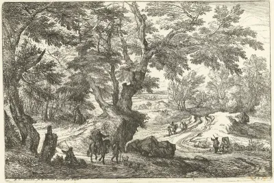 Landschap met ruiters en wandelaars op een weg