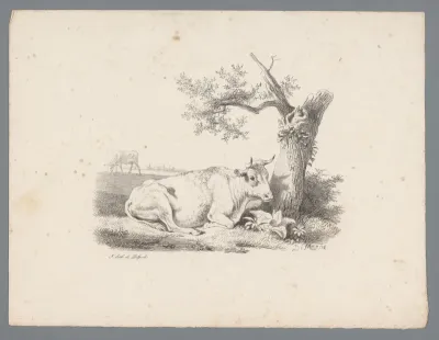 Landschap met rund liggend bij een boom