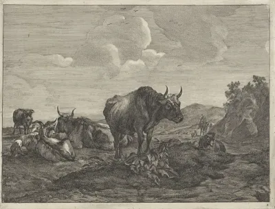 Landschap met runderen en geiten