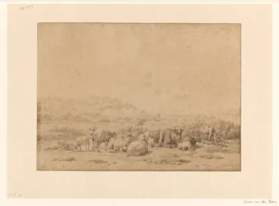 Landschap met rustend en grazend vee