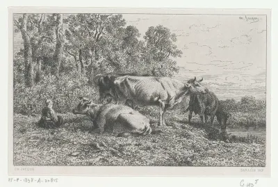 Landschap met rustende boerin naast vier koeien