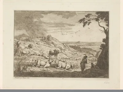 Landschap met rustende buffels en herders
