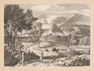 Landschap met rustende en wandelende figuren