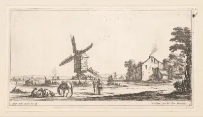 Landschap met rustende figuren aan een molen