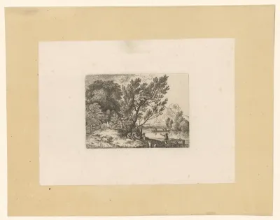 Landschap met rustende figuren bij de oever van een rivier