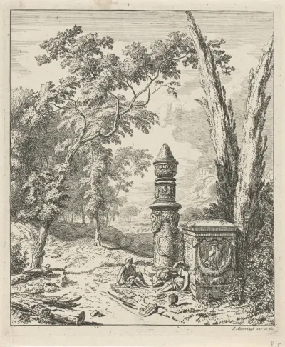 Landschap met rustende figuren bij een grafmonument