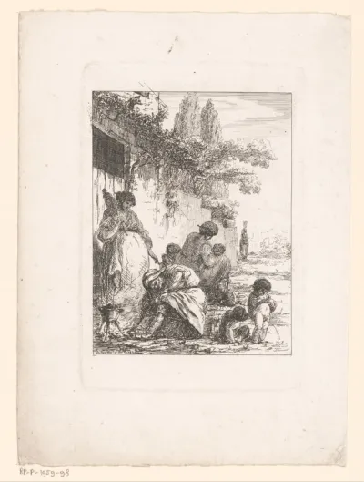 Landschap met rustende figuren bij een muur