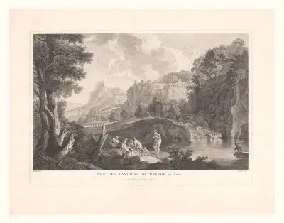 Landschap met rustende figuren en schaapherder bij een rivier