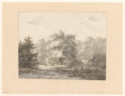 Landschap met rustende figuren onder bomen bij een water
