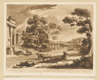 Landschap met rustende herder en vier koeien die een rivier oversteken