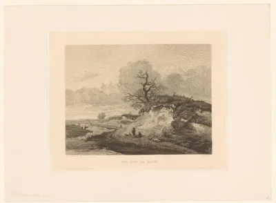 Landschap met rustende herders bij een pad langs een sloot