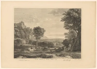 Landschap met rustende herders en een rivier