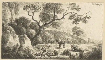 Landschap met rustende herders en kudde runderen en schapen