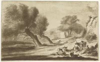 Landschap met rustende herders en vee