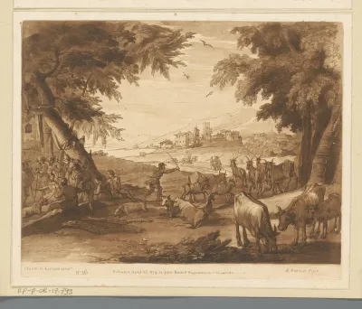Landschap met rustende herders onder een boom en veedrijver