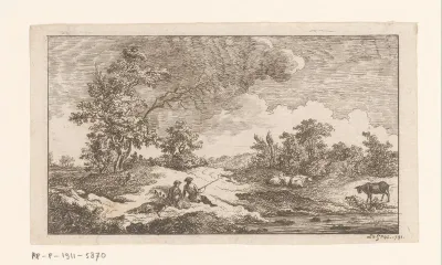 Landschap met rustende jagers en koeien