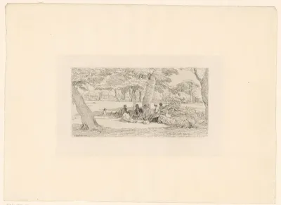 Landschap met rustende mannen in de schaduw van een boom