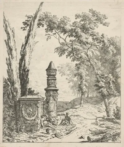 Landschap met rustende mensen bij een grafmonument