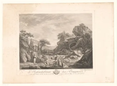 Landschap met rustende reizigers bij een waterval