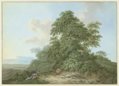 Landschap met rustende reizigers langs een weg