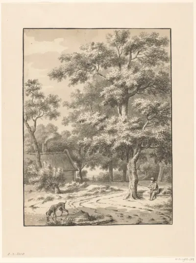 Landschap met rustende wandelaar en een hond die water drinkt