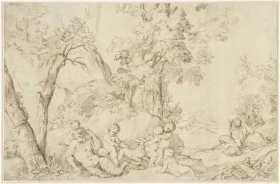 Landschap met sater en putti