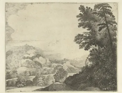 Landschap met schaap op heuvel en bomen