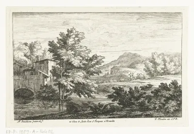 Landschap met schaapherders bij een watermolen