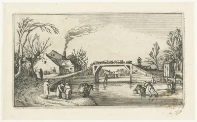 Landschap met schaatsers bij een brug met schapen