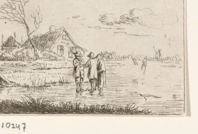Landschap met schaatsers en boerderij