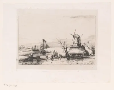 Landschap met schaatsers op het ijs rondom een molen