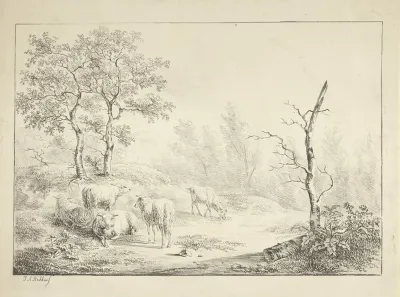 Landschap met schapen en geit