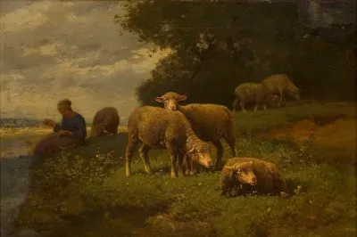 Landschap met schapen en herderin