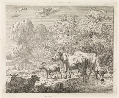 Landschap met schapen, geit en koeien