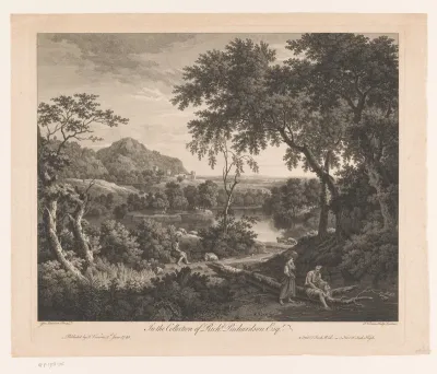 Landschap met schapenherder en twee figuren bij een poel