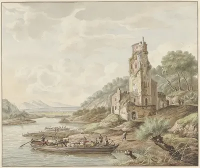 Landschap met schuit met koopwaar bij een kasteel