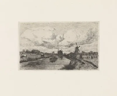 Landschap met schuit op een vaart en molen