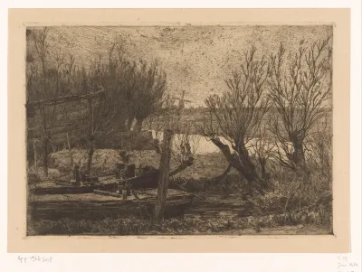 Landschap met schuiten in een sloot nabij een vaart