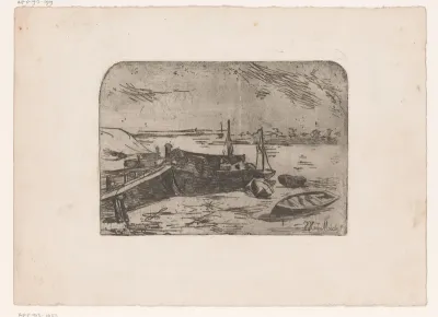 Landschap met schuiten op de oever